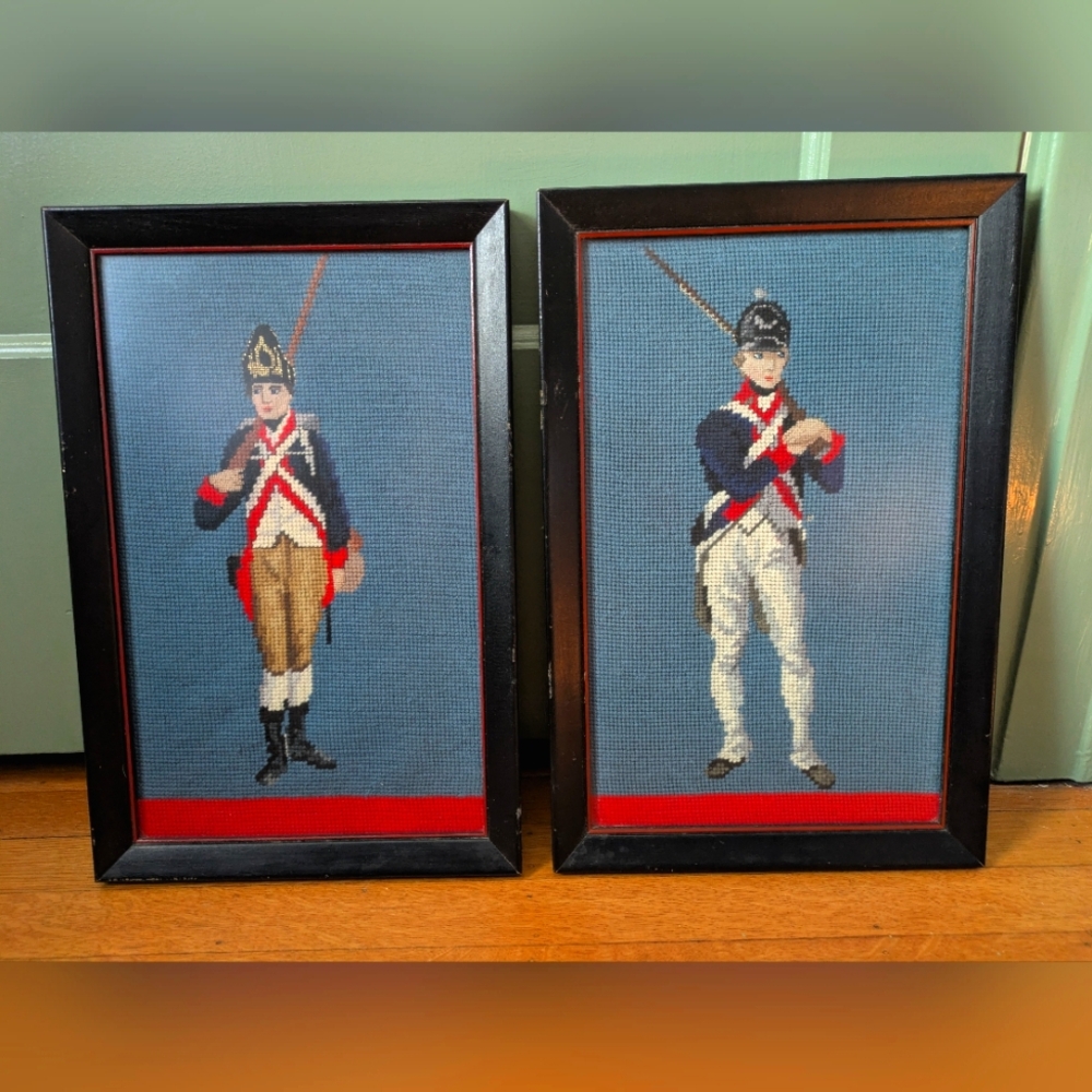 Vintage Framed Revolutionary Soldier Needlepoint (Set of 2)